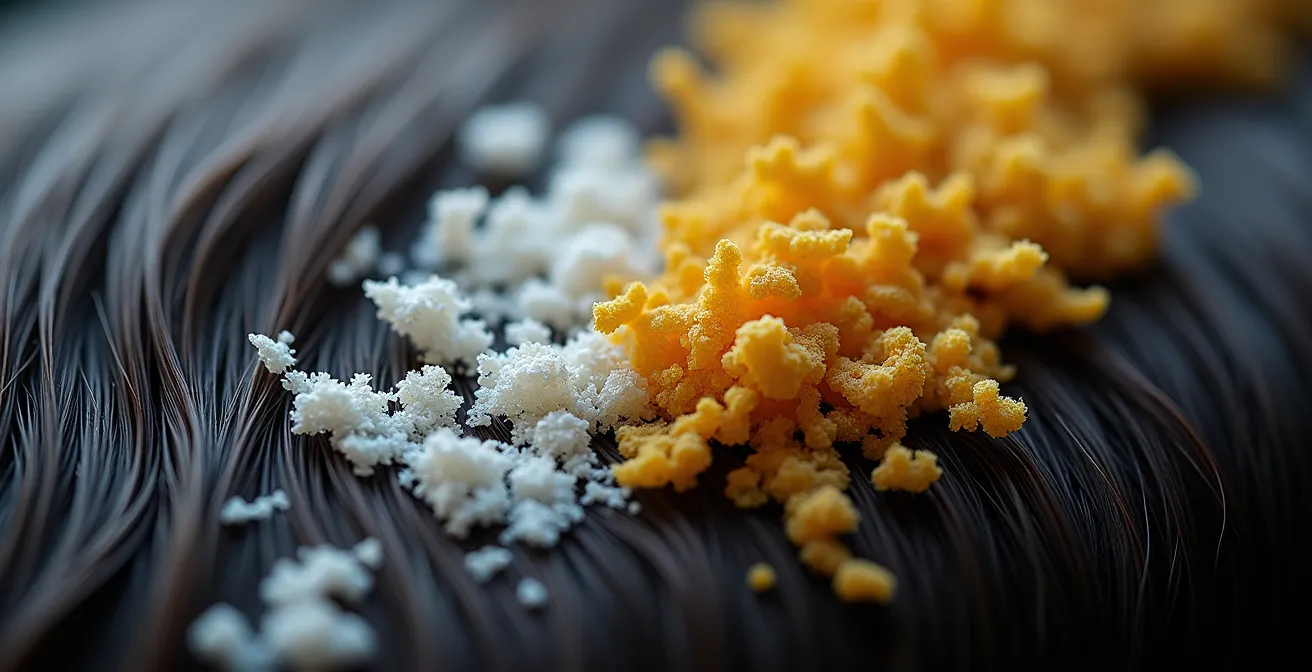 Vue macro détaillée de deux types de pellicules sur cheveux bruns