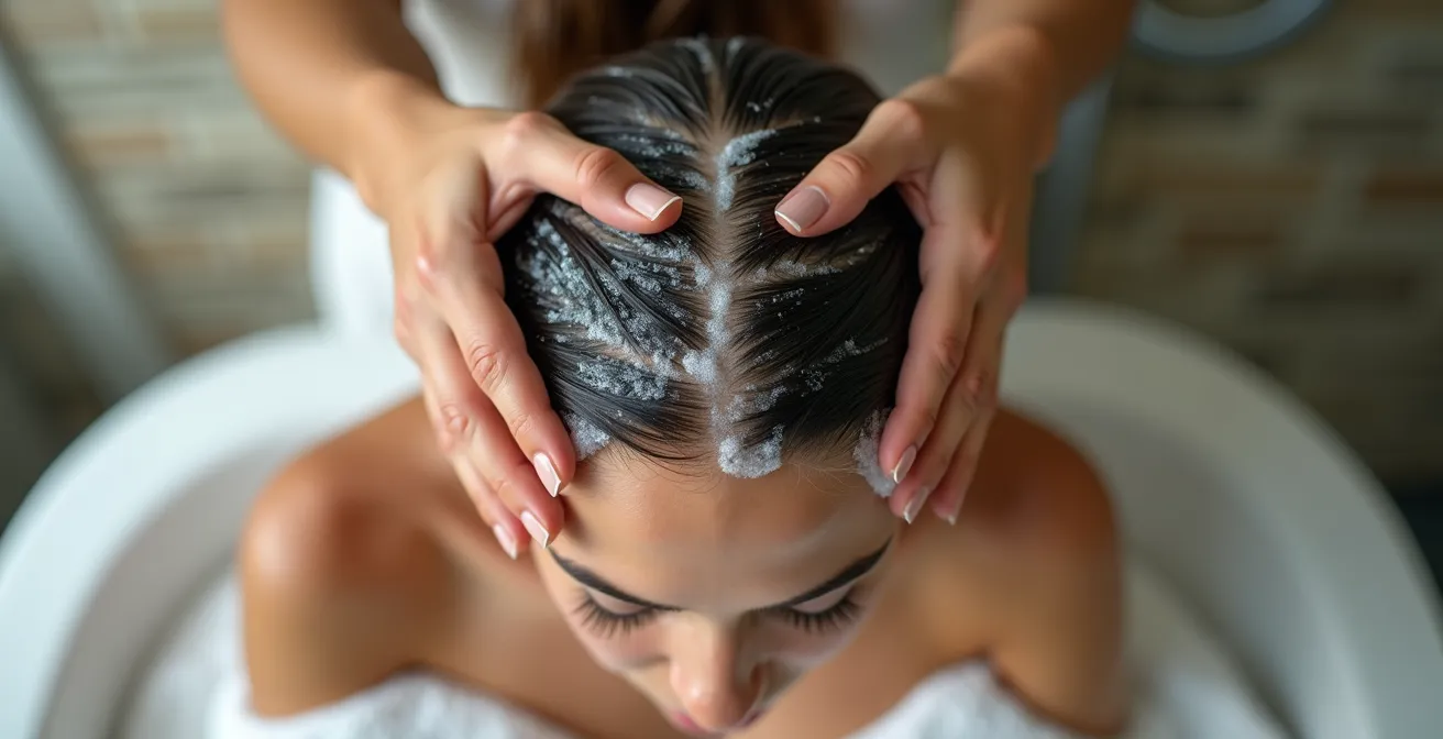 Gros plan sur des doigts massant délicatement le cuir chevelu avec mousse onctueuse