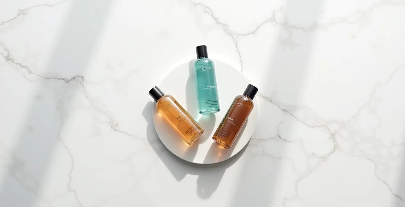 Trois flacons de shampoings disposés en cercle sur une surface en marbre