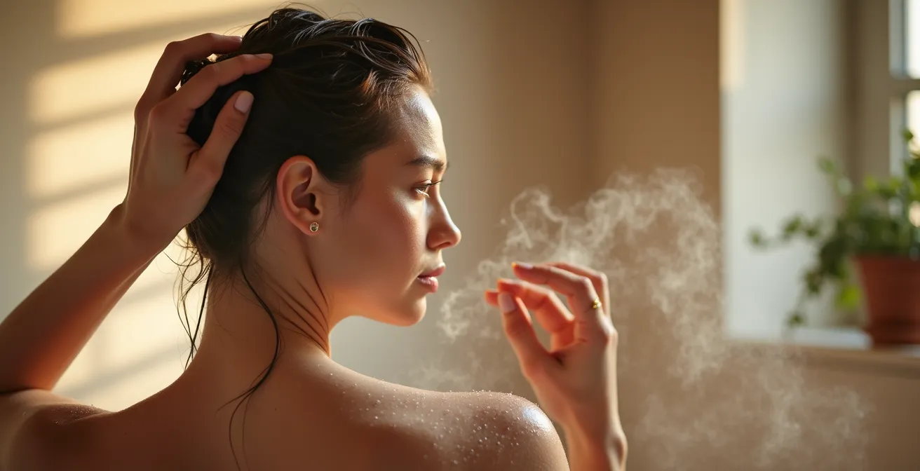 Vue d'ensemble d'une salle de bain épurée avec produits capillaires disposés harmonieusement